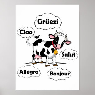 Affiche Swiss Cow Grüezi Bonjour Ciao Suisse Voyage