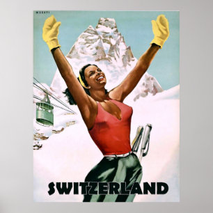 Affiche Switzerland, happy skiing woman, vintage travel