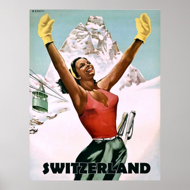 Affiche Switzerland, happy skiing woman, vintage travel (Devant)