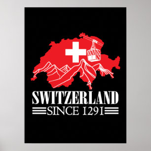 Affiche Switzerland Map Since 1291 Mountains Swiss Flag