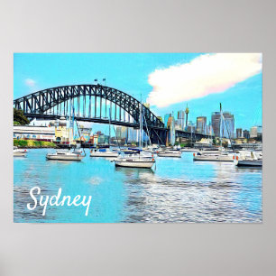 Affiche Sydney Harbour Bridge bleu ciel avec yachts