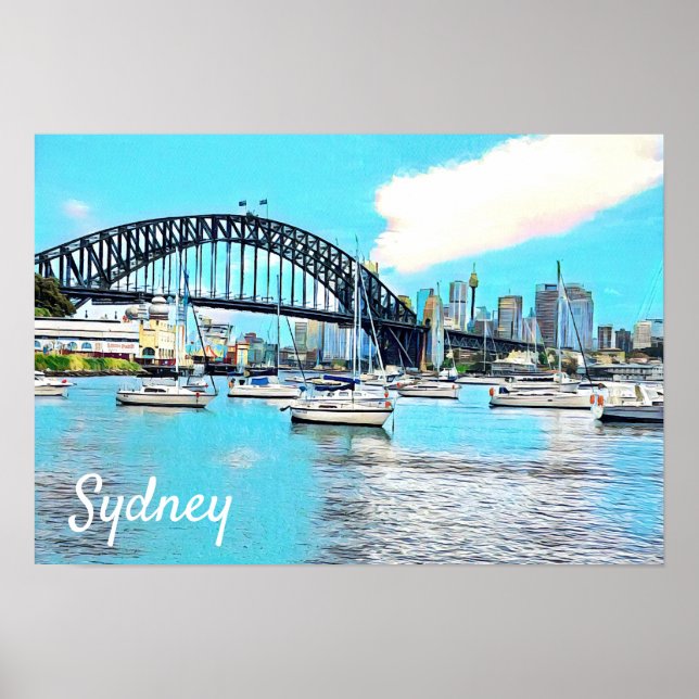 Affiche Sydney Harbour Bridge bleu ciel avec yachts (Devant)