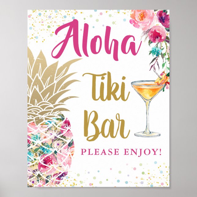 Affiche Symbole Aloha Tropical Pineappy Rose Floral Tiki B (Devant)