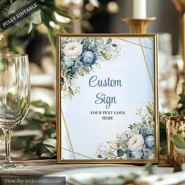 Affiche SYMBOLE AQUATIQUE Bleu Dusté Eucalyptus do-it-your (Watercolor dusty blue eucalyptus wedding sign with gold accents — elegant and customizable.)