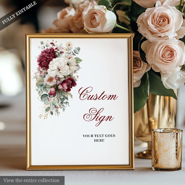 Affiche Symbole artistique Boho Bourgogne Rose Mariage per (Artistic Boho Burgundy Rose Wedding Custom Sign)