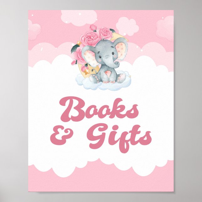 Affiche Symbole Baby shower de fille éléphante rose livre  (Devant)