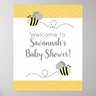 Affiche Symbole Baby shower de l'abeille gris et jaune
