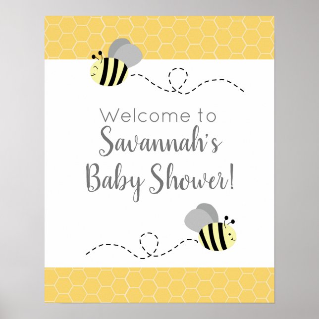 Affiche Symbole Baby shower de l'abeille gris et jaune (Devant)