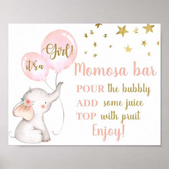 Affiche SYMBOLE baby shower Fille rose Éléphant Momosa (Devant)