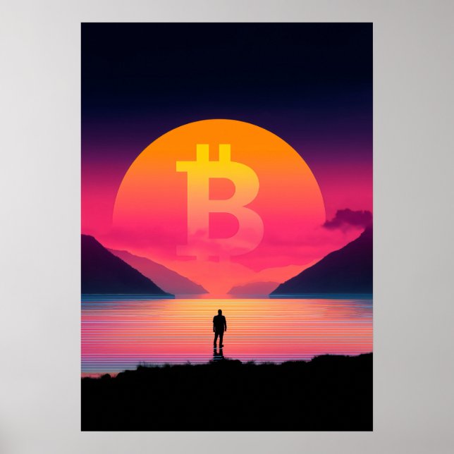 Affiche Symbole Bitcoin coucher de soleil rétros 80s (Devant)