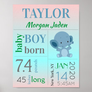 Affiche Symbole bleu bébé garçon naissance avec éléphant