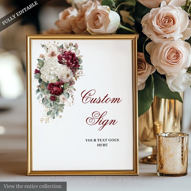 Affiche Symbole Boho Bourgogne Blanc Floral Mariage (Stylish Boho Burgundy White Floral Wedding Sign)