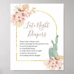 Affiche Symbole Boho Cactus Fleurs roses Diapeurs nocturne