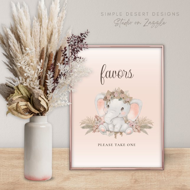 Affiche Symbole Boho Floral Elephant Baby shower Faveurs (Cute Boho Baby Shower Favors Sign with Elephant Pampas Grass and Simple Floral Design)