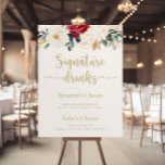 Affiche Symbole classique Gold Floral Signature Boissons<br><div class="desc">Cette enseigne de boissons aux signature florales d'or classique est parfaite pour un mariage rustique. Le design se compose de fleurs blanches, bordeaux et dorées et de baies au feuillage vert disposées en bouquets élégants. Personnalisez le panneau avec les noms de la mariée et du marié et leur choix de...</div>