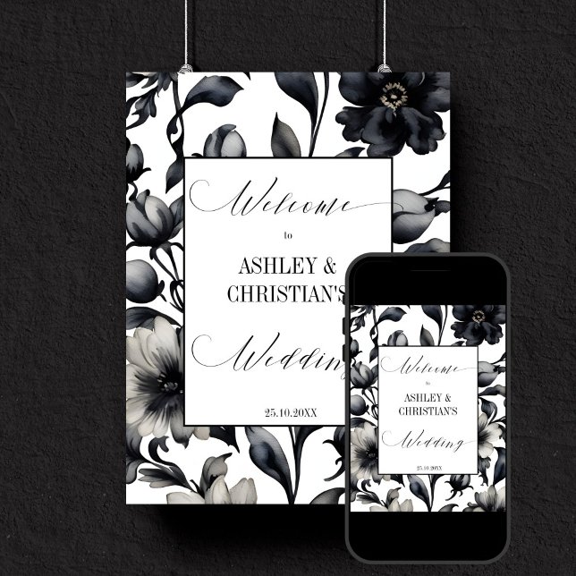 Affiche Symbole d'accueil de mariage noir et blanc (Black and white vintage flowers simple elegant wedding template welcome sign digital download)