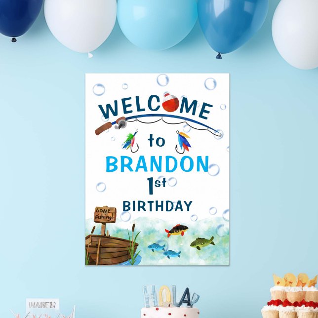Affiche Symbole d'anniversaire d'anniversaire de l'O-fish (Fishing themed, O-fish-ally, birthday poster welcome sign. Little fisherman birthday party decor.)