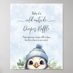 Affiche Symbole de Baby shower bleu Pingouin d'hiver