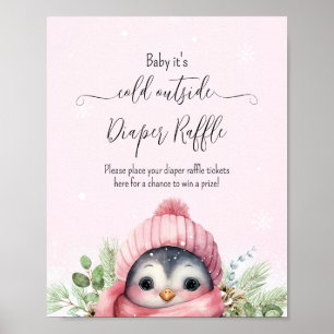 Affiche Symbole de Baby shower fille rose Pingouin d'hiver