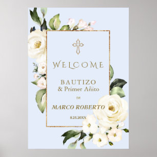Affiche Symbole de bienvenue Baptême Floral Blanc Espagnol