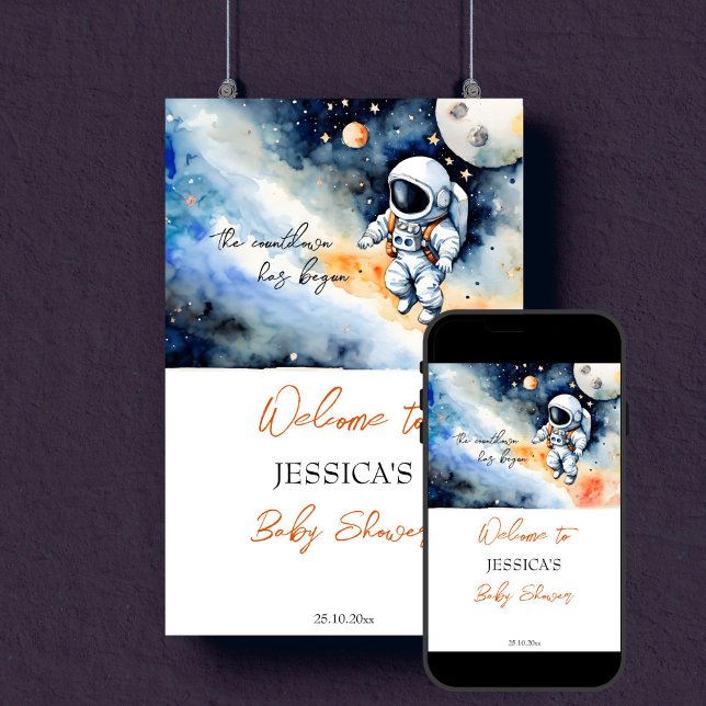Affiche Symbole de bienvenue de l'astronaute spatiale (Outer space astronaut baby shower editable template welcome sign poster digital download watercolor)