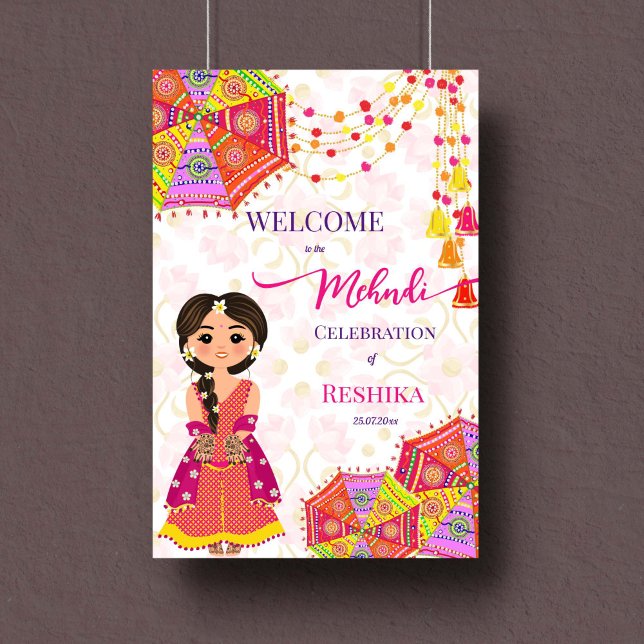 Affiche Symbole de bienvenue de Mehndi mignon mariée (Mehndi welcome sign poster instant download Indian decoration umbrellas tassle henna bride)