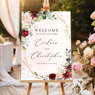 Affiche Symbole de bienvenue mariage floral bordeaux