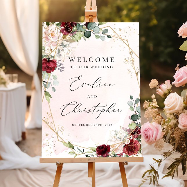 Affiche Symbole de bienvenue mariage floral bordeaux (Modern blush burgundy floral gold frame boho wedding welcome sign poster)