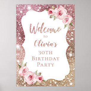Affiche Symbole de bienvenue rose or floral 30e anniversai