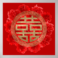 Symbole de bonheur double sur les pivoines rouges