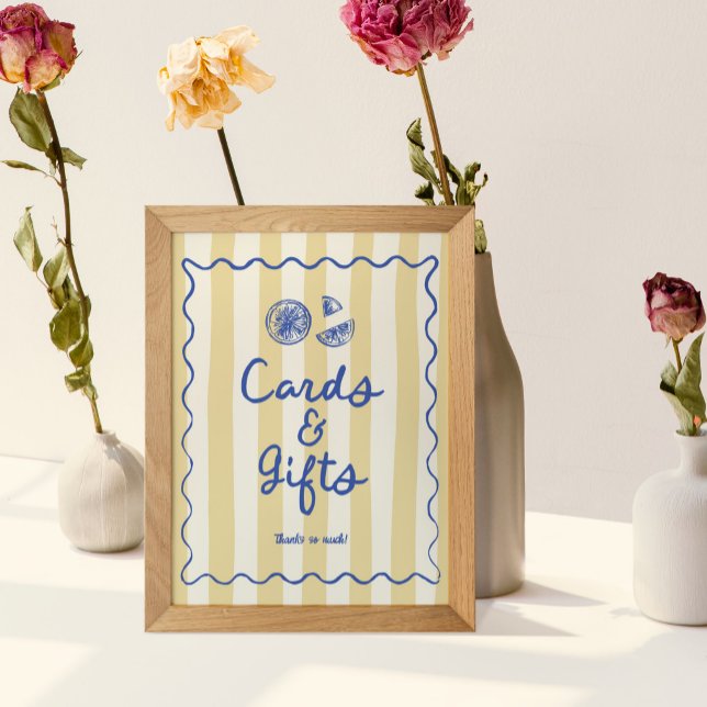 Affiche Symbole de canicule lunaire (Cards and Gifts Table Sign with yellow striped background, lemon illustrations and blue wavy border)