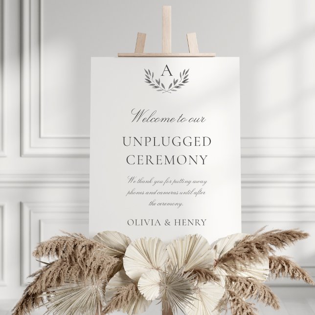 Affiche Symbole de cérémonie Mariage débranché Olivia Eleg (This elegant, 11x14 unplugged ceremony sign features your monogram and gray text)