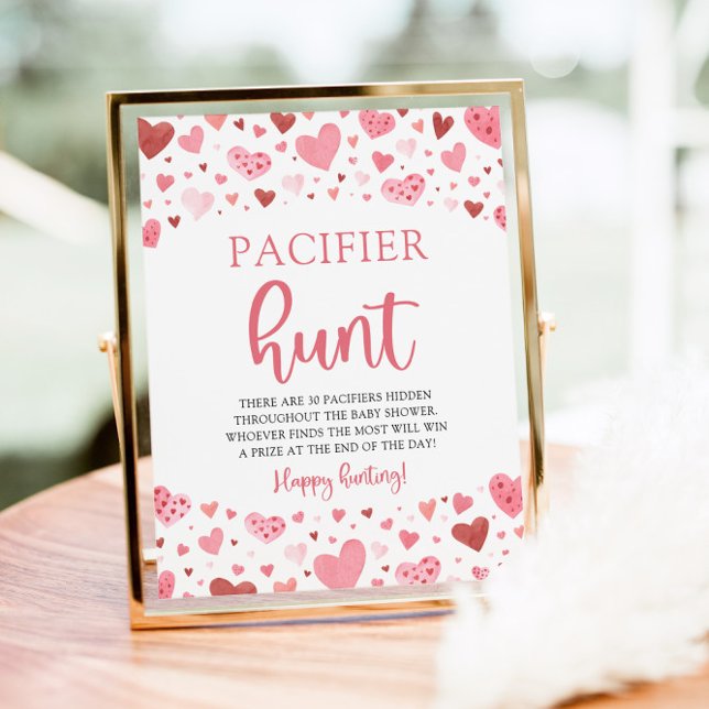Affiche SYMBOLE DE CHASSE Baby shower Saint-Valentin (Watercolor Cute Pink Hearts Valentine A Little Sweetheart Girl Baby Shower Pacifier Hunt Game Sign)