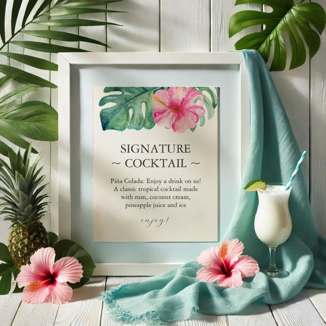 Affiche Symbole de cocktail Mariage tropical (Wedding bar signs tropical pink hibiscus flower art by Victoria Grigaliunas of Do Tell A Belle)