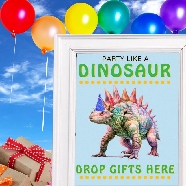 Affiche Symbole de fête Dinosaur : Déposez les cadeaux ici (Dinosaur Party Sign: Drop Gifts Here Poster)