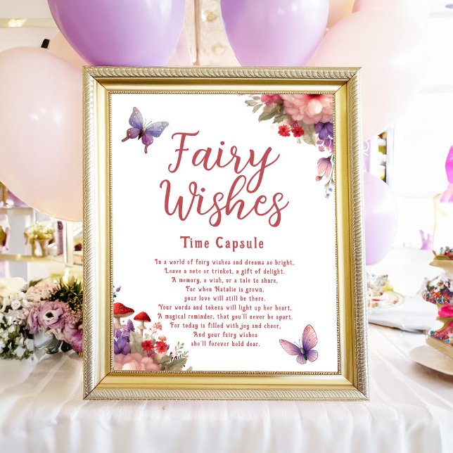 Affiche Symbole de la Capsule d'Anniversaire (Fairy Wishes Time Capsule Fairy Birthday Party Sign - Matching Notecards Available)