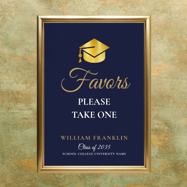 Affiche Symbole de la fête de graduation bleu et or de la  (Navy Blue And Gold Graduation Party Favors Sign)