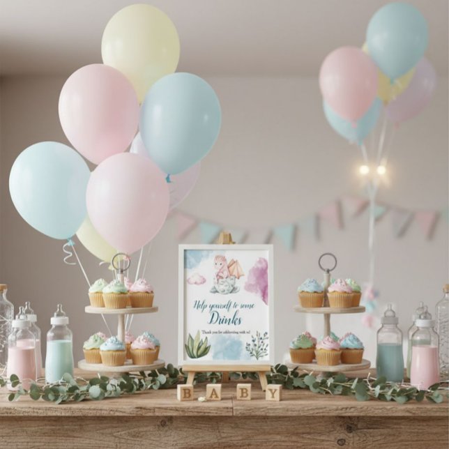 Affiche Symbole de la fête de l'aquarelle de Dragon rose l (Perfect for baby showers, this sweet pink dragon sign adds a magical touch to your drinks table.)