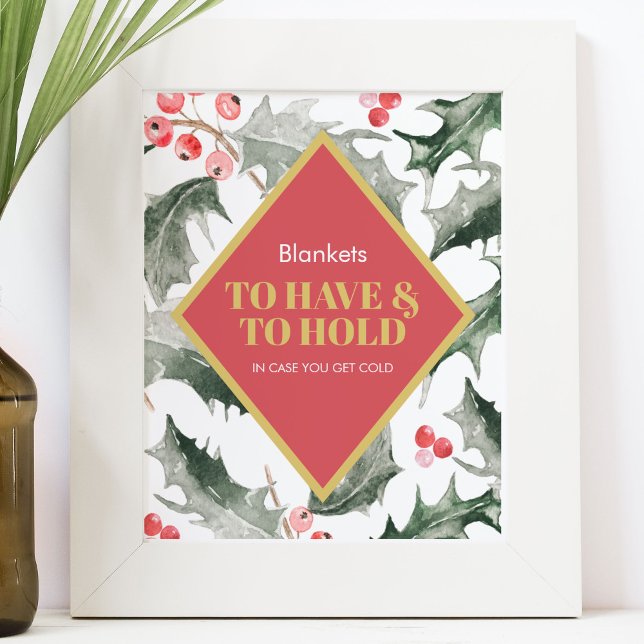Affiche Symbole de mariage d'hiver Aquarelle Holly et Berr (Winter wedding table top sign watercolor holly and red berries To Have & To Hold blanket favors)