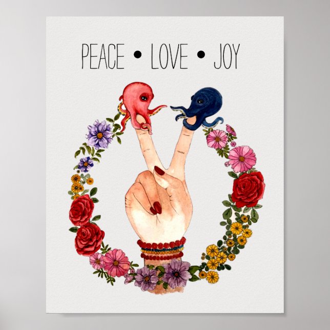 Affiche Symbole de Paix Boho Floral Octopus tendance Aquar (Devant)