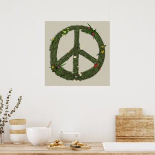 Affiche Symbole de PAIX Fleurs d'Herbe Réelle Signe Hippie