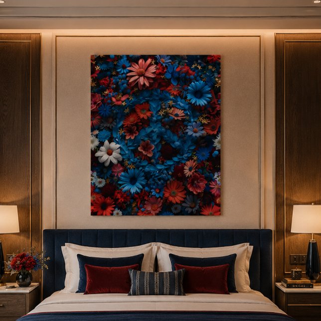 Affiche symbole de paix florale patriotique (Luxury boutique hotel bedroom with vibrant floral art above the bed, timeless elegance.)