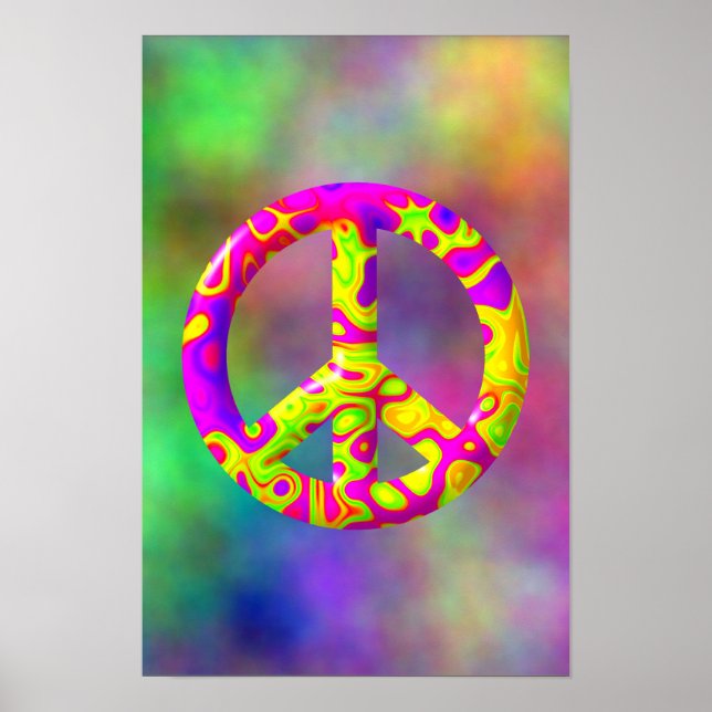 Affiche Symbole de Paix psychédélique rose jaune 3D sur Pl (Devant)