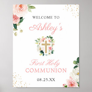 Affiche Symbole de première communion Blush Rose Floral Go