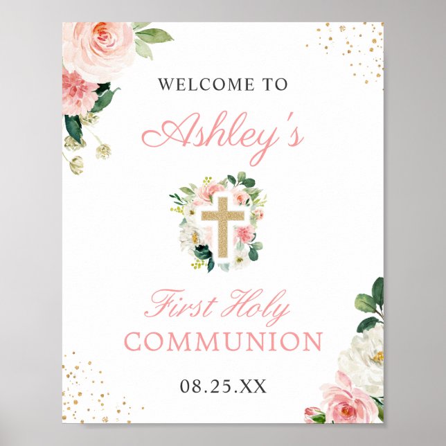 Affiche Symbole de première communion Blush Rose Floral Go (Devant)