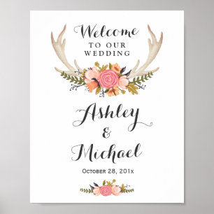 Affiche Symbole de réception de mariage floral Rustic Deer