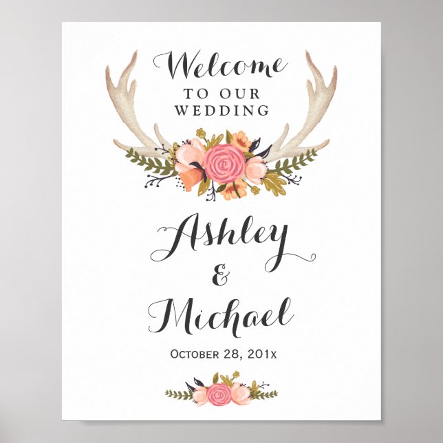 Affiche Symbole de réception de mariage floral Rustic Deer (Devant)