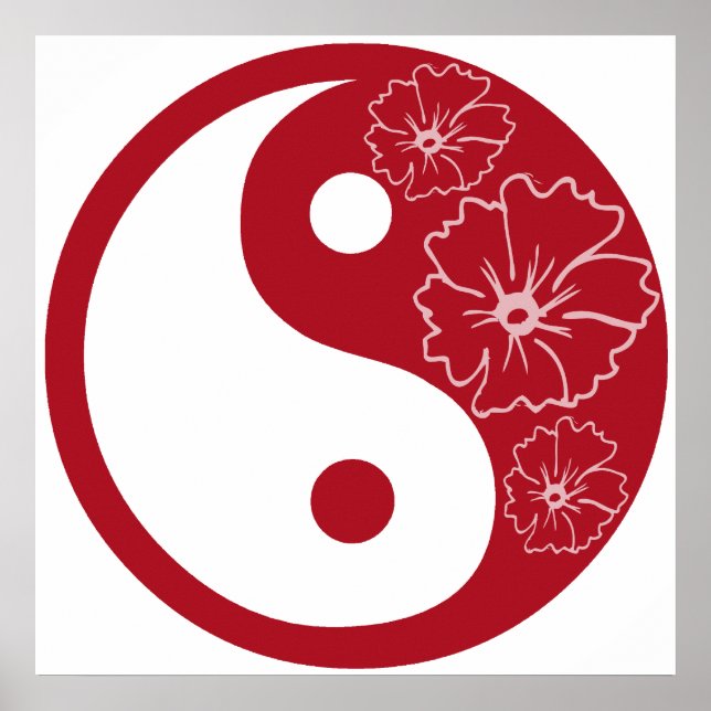 Affiche Symbole de Yin Yang, Fleur Tropicale Rouge (Devant)
