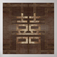 Symbole Double Bonheur Or géométrique sur bois