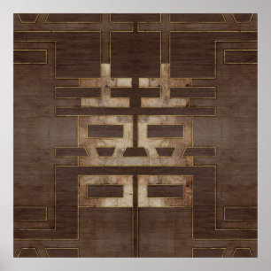 Affiche Symbole Double Bonheur Or géométrique sur bois